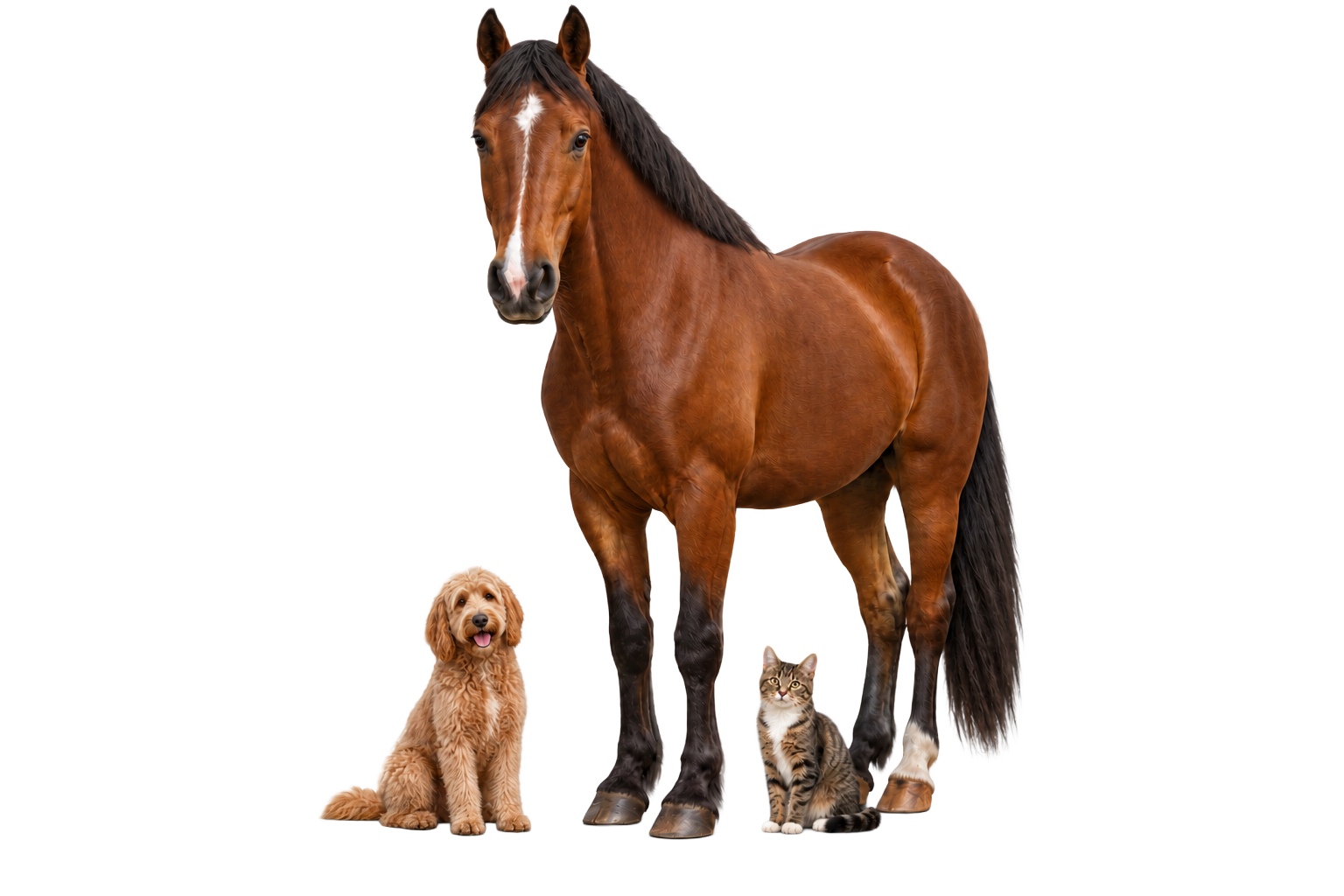 Pferd, Hund und Katze als harmonische Tiergruppe